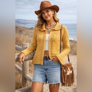 Cozy warm chunky cardigan with buttons mustard sunrise yellow